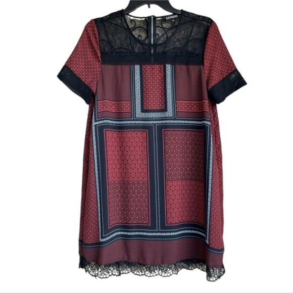 Express multi‎ pattern RED AND BLACK lace yoke trim Sheath dress size XS NEw! - Picture 4 of 11